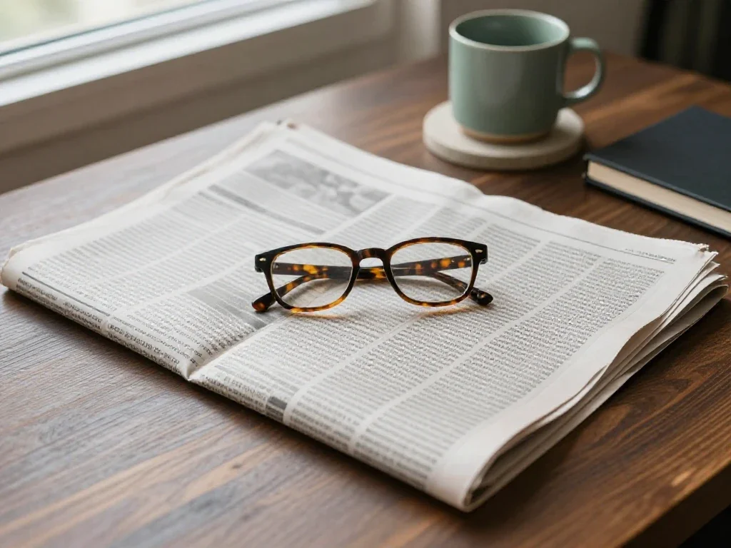 Un journal ouvert et un café illustrant la synthèse de connaissances et la réflexion quotidienne.