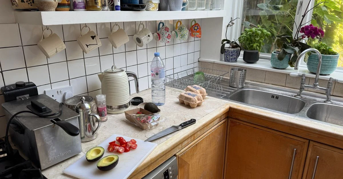 Plan de travail de cuisine avec avocat frais, tomates et ustensiles près d'une fenêtre lumineuse.